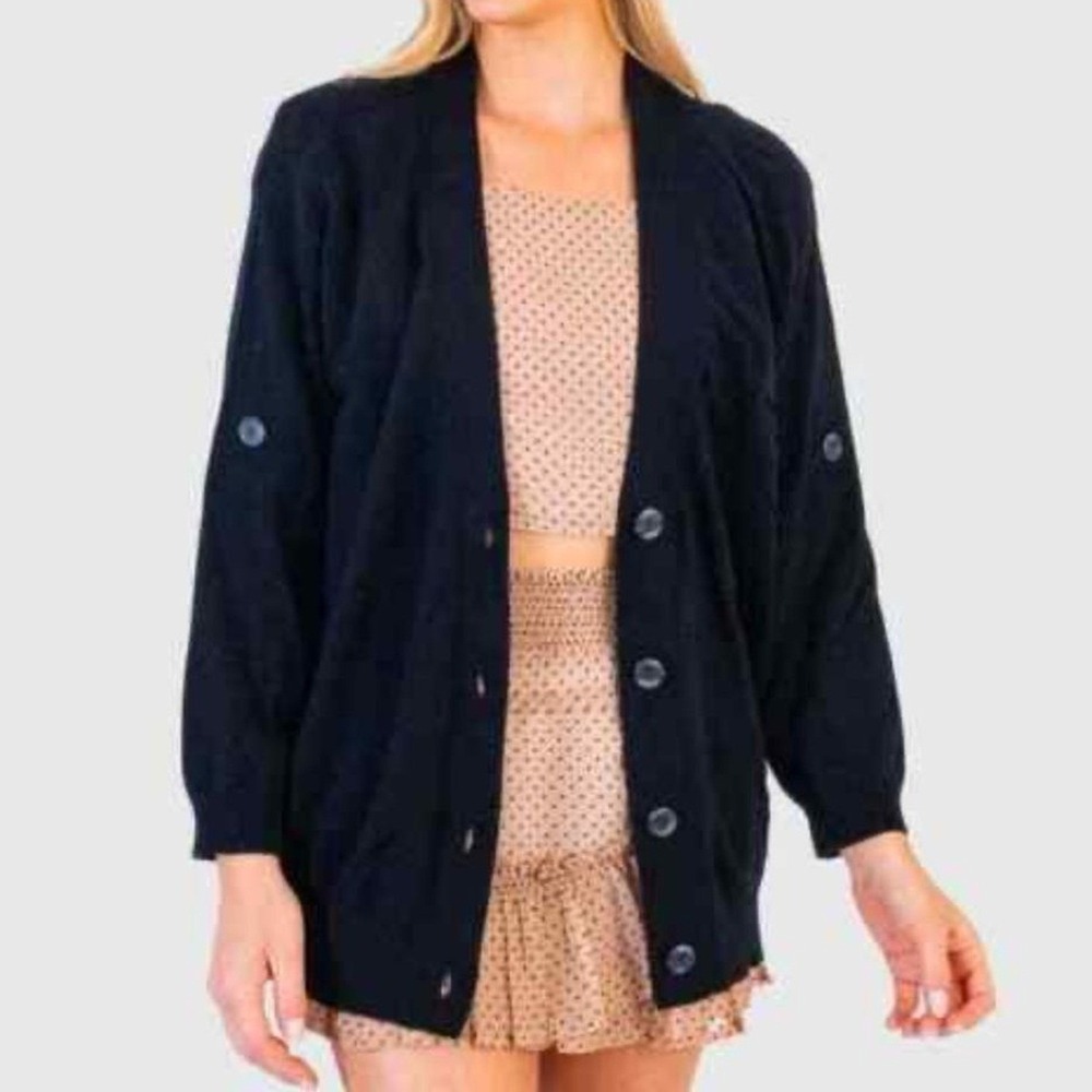 KOCH Black‎ Mercerized Wool Cashmere Cardigan Sheer Mesh Back Roll Tab M (1236)